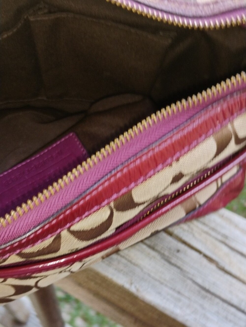 Coach Canvas Shoulder Bag with Dark Wine Red Patent Leather Trim - Picture 8 of 15